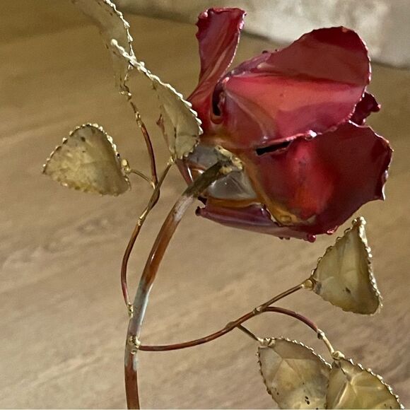 Vintage Single Rose Stem Painted Brass Copper Brutalist Metal Art Marble Base - Picture 14 of 16